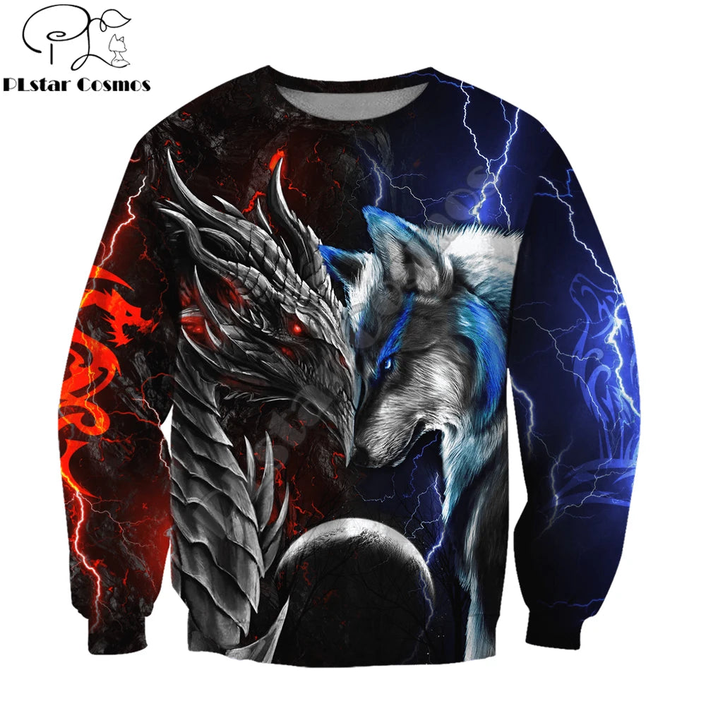 Rød og blå drage & ulv 3D-printet mode-hættetrøje til mænd, efterår, unisex streetwear, casual lynlåsjakke og pullover KJ494