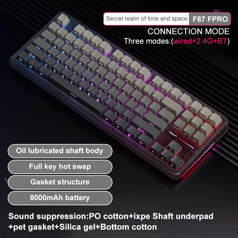 Original AULA F87 Pro Mechanical Keyboard Wireless USB Bluetooth Tri Mode 87 Key RGB PBT Gasket Laptop Gamer PC Gaming Keyboards