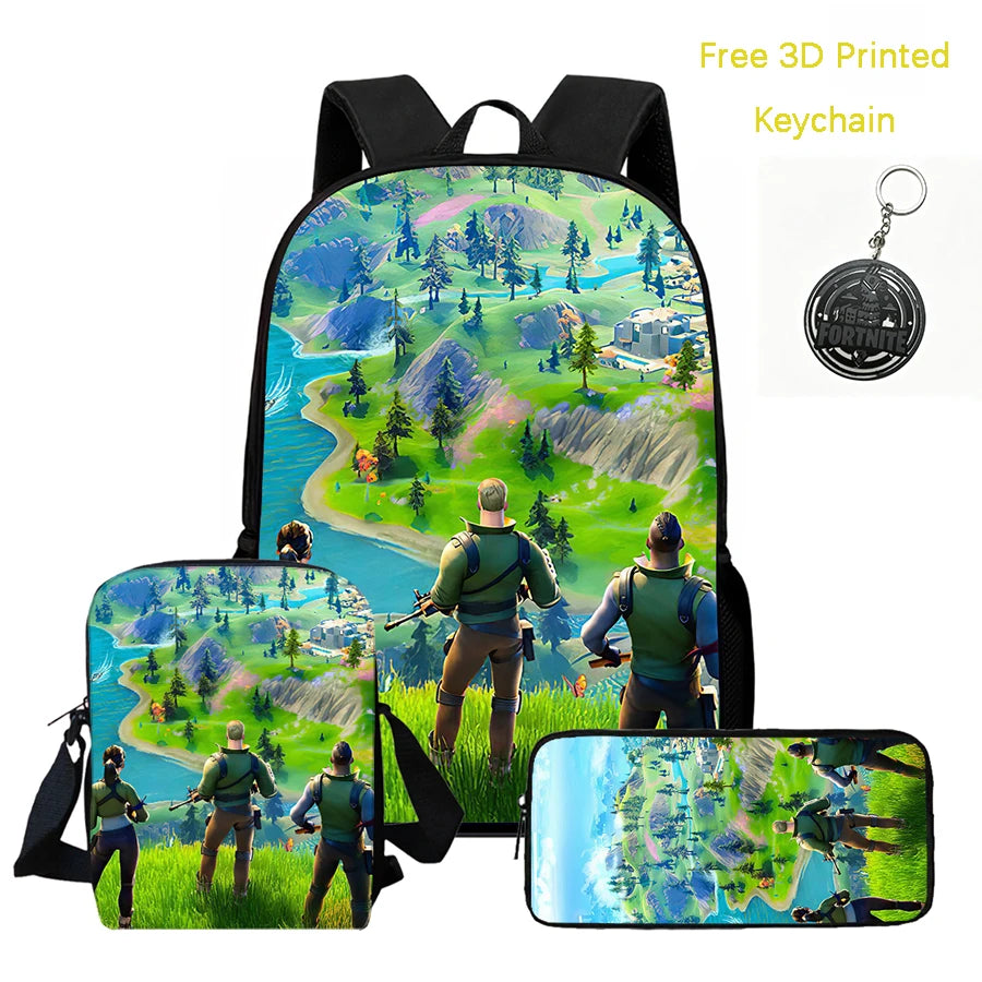 Conjunto de mochila infantil 3 peças, mala a tiracolo e estojo, mala FORTNITE com desenhos, leve para meninos e meninas dos 5 aos 10 anos, porta-chaves 3D impresso grátis