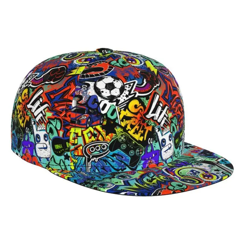 Farverig baseballcap med graffitikunst-print, justerbar snapback-kasket til mænd og kvinder, unisex hiphop-kasketter med flad skygge