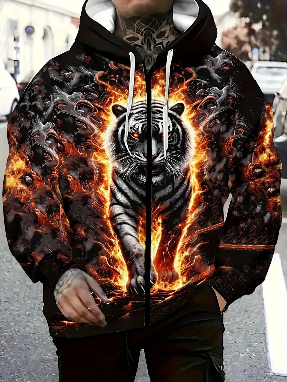 Sweatshirt com capuz e fecho para homem 2025, manga comprida, gráfico de tigre, estilo casual outdoor, com cordão e bolsos