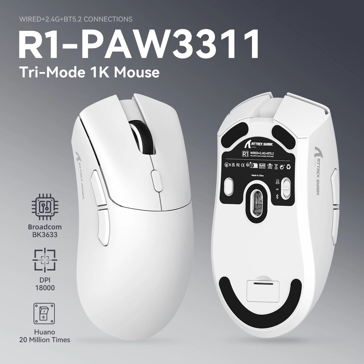 Rato Gaming Tri-mode ATTACK SHARK R1, sensor PixArt PAW3311, 18000 DPI, 1000hz, 59g ultraleve para mãos grandes, para PC/Mac