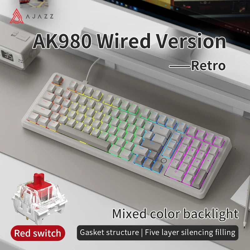 AJAZZ AK980 Wired Mechanical Keyboard Hot Swap Gasket RGB Low Noise Ergonomics Office Gaming Keyboard Customized PC Accessories