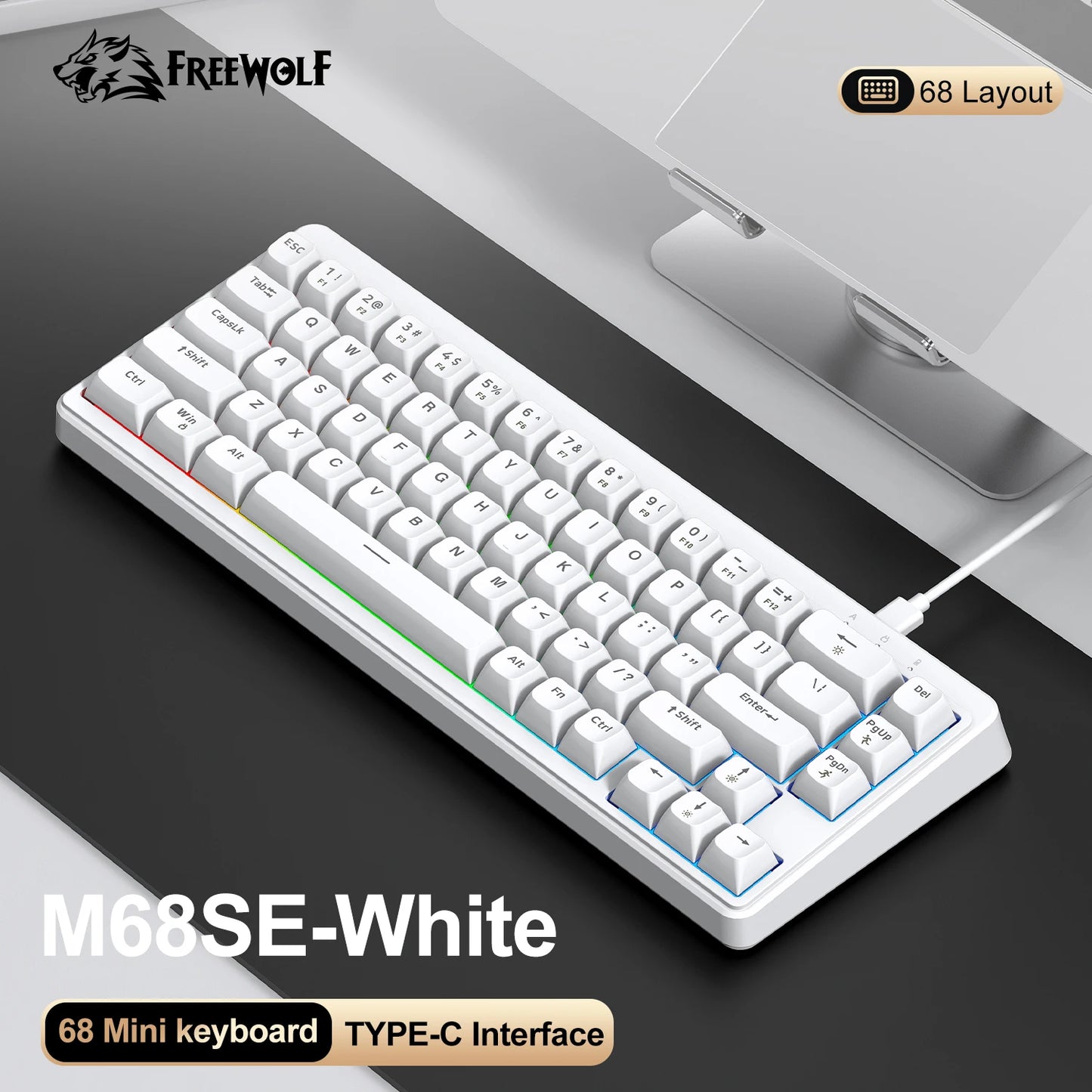 FREEWOLF M68SE Mechanical Feel Keyboard 68 Keys Mini Wired Compact Keyboard Silent for Laptops, Gaming and Office Use