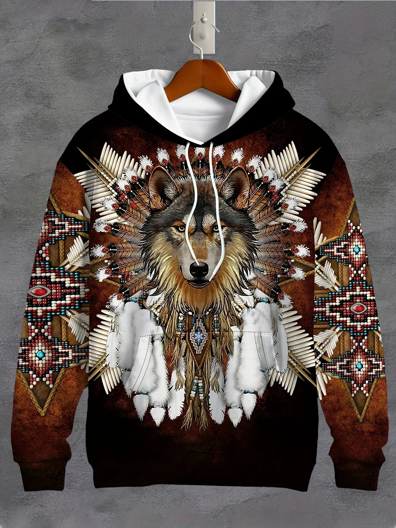 Men'S 3D White Wolf Print Hoodie, Casual Long Sleeve Pullover with Drawstring Pocket, 100% Polyester Slight Stretch Men Clothing