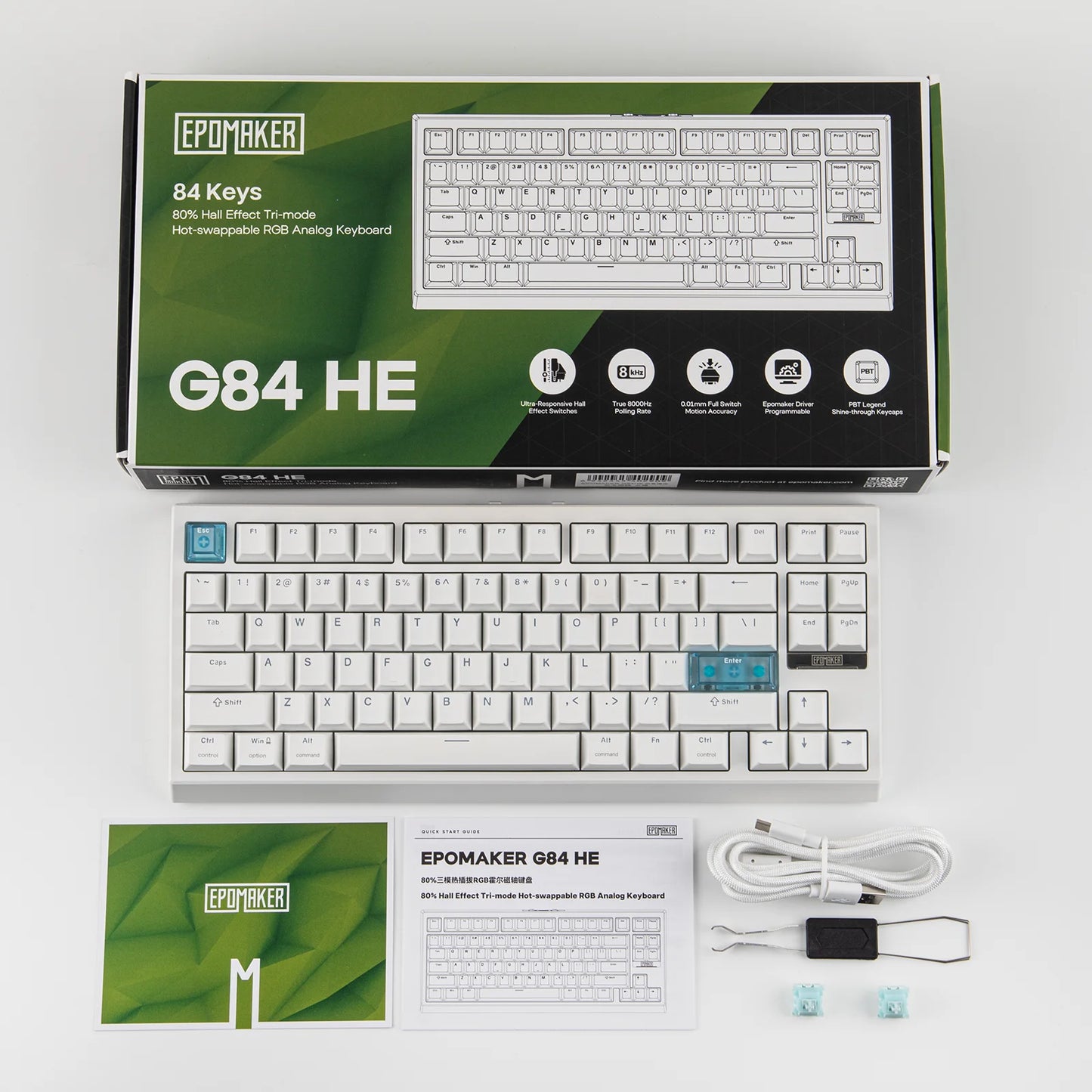 Teclado mecânico magnético EPOMAKER G84 HE 75% ANSI US Layout Gasket com fio/BT/2.4Ghz sem fios, efeito Hall, polling 8K e 8000mAh