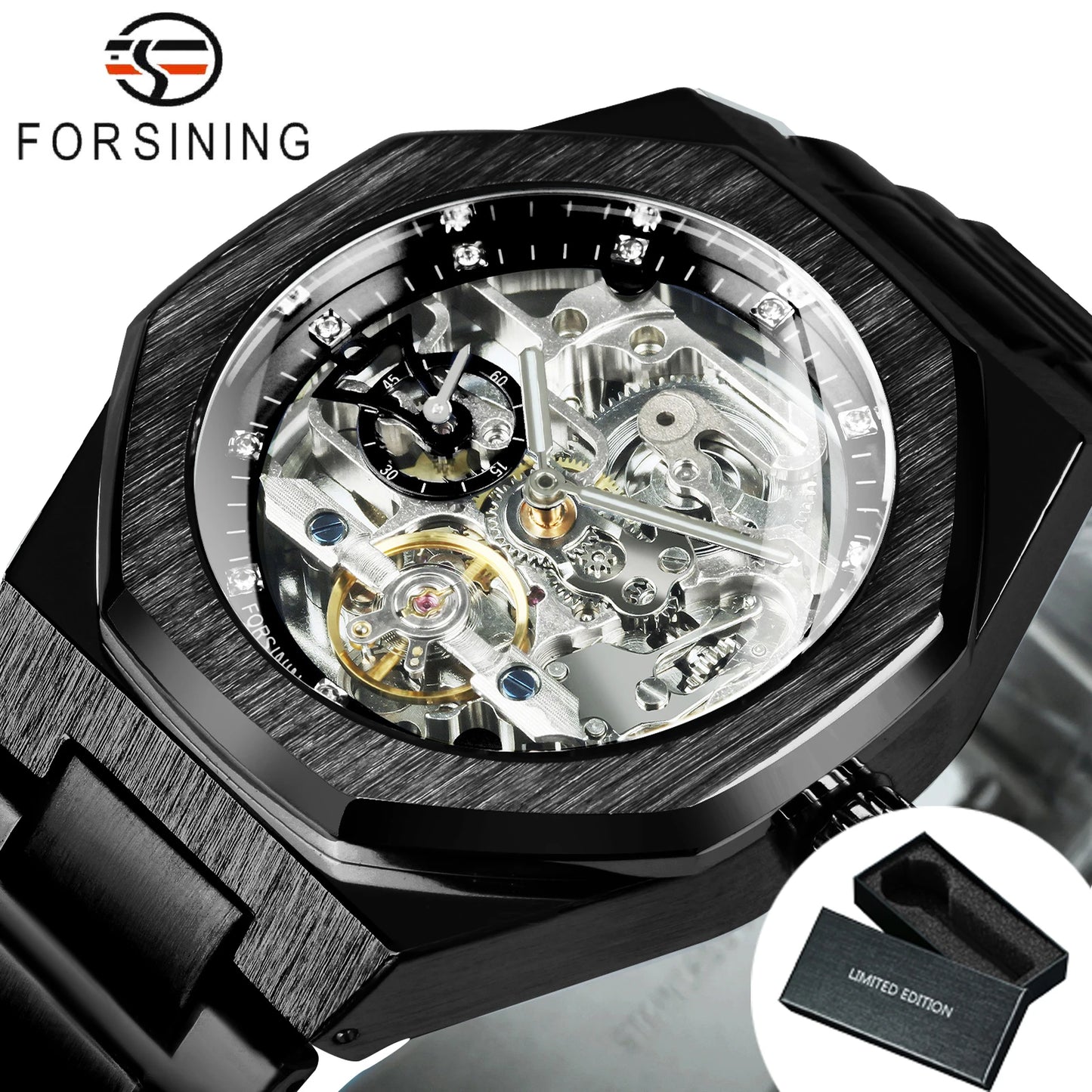 Forsining Tourbillon Skeleton Mechanical Watch for Men Luminous Hands Stainless Steel Strap Fashion Business Automatic Watches