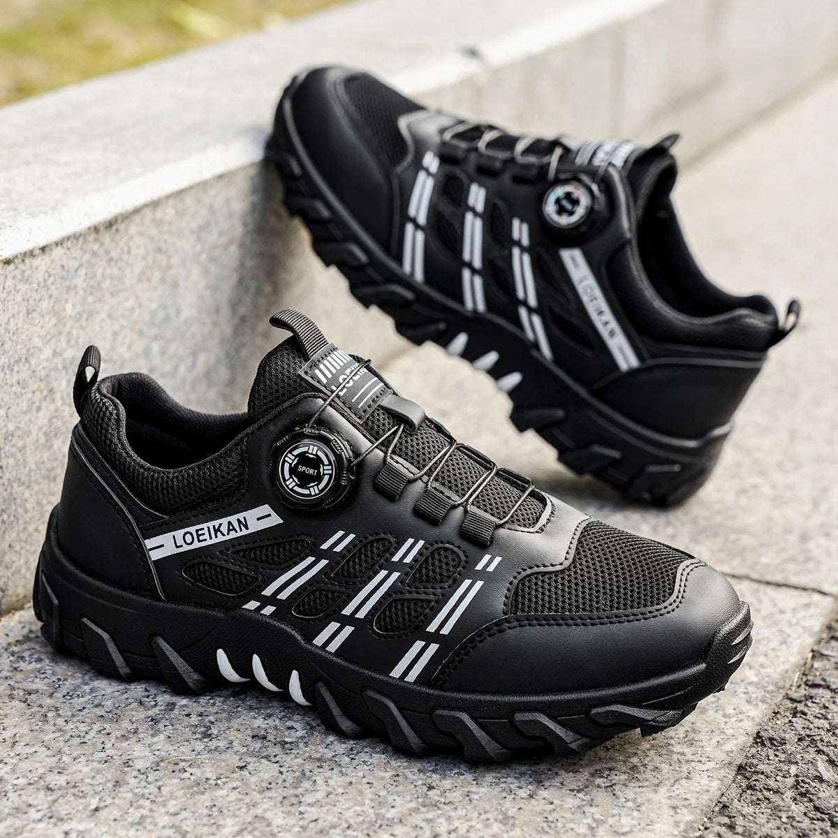 Men's All-Season Outdoor Casual Hiking Shoes, Comfortable Breathable Slip-On Design with Rotating Buckle, Thick-Soled PVC Sneake