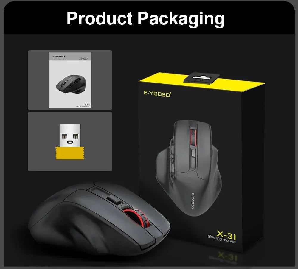 E-YOOSO X-31 USB 2.4G bezprzewodowa duża mysz gamingowa dla dużych dłoni PAW3212 4800 DPI 5 przycisków dla graczy komputer laptop PC