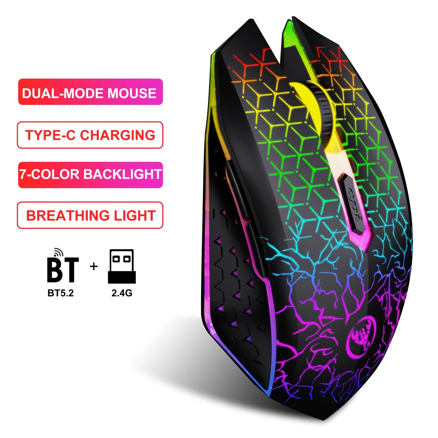 Ergonomic RGB Wireless Gaming Mouse, Rechargeable Bluetooth & 2.4G Gaming Mouse with 6 Buttons, Adjustable DPI, RGB Backlit Optical Gaming Mouse