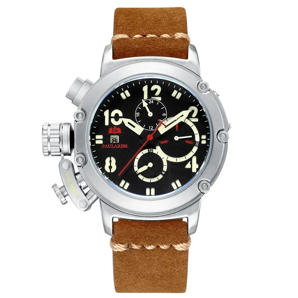 Automatic Watches for Men Mechanical Self Wind Genuine Leather Multifunction Date Boat Month Gold Bronze U Reloj Hombre Baratos