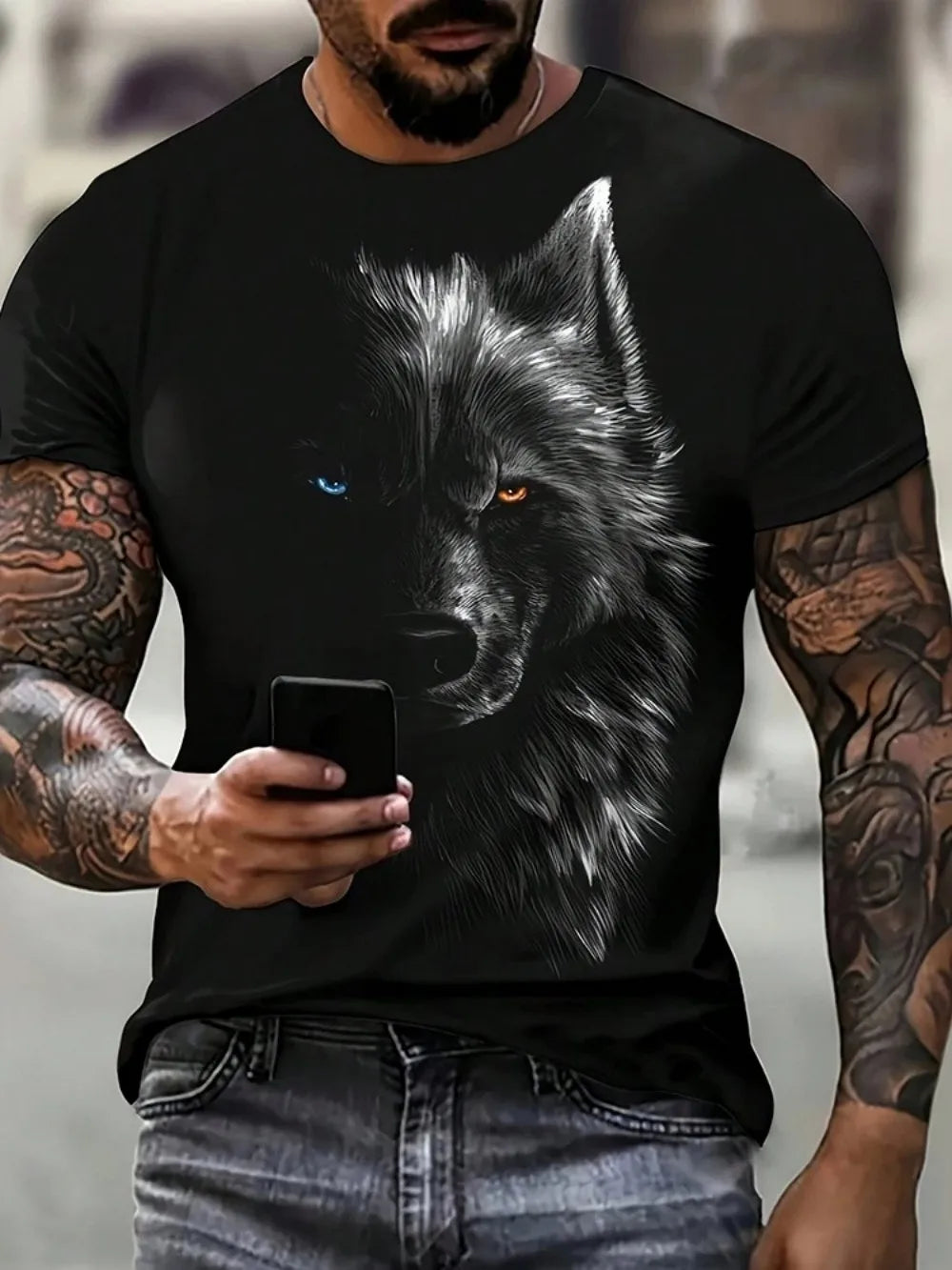 Fashionable summer men's domineering wolf print pattern breathable round neck T-shirt outdoor high street casual top