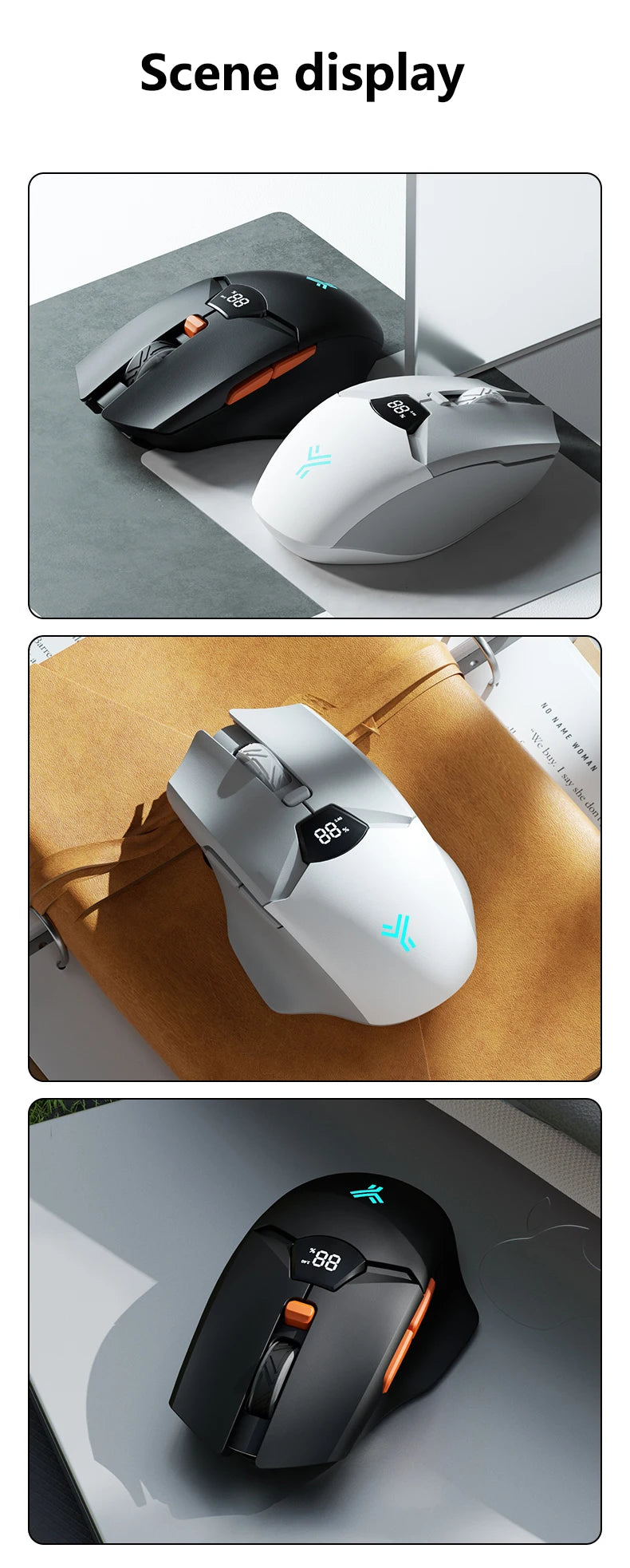 Warvank SX01 trådløs gamingmus med smart skærm, 6-trins DPI-justering, 600mAh genopladelig, lydløs kontor-Bluetooth-mus