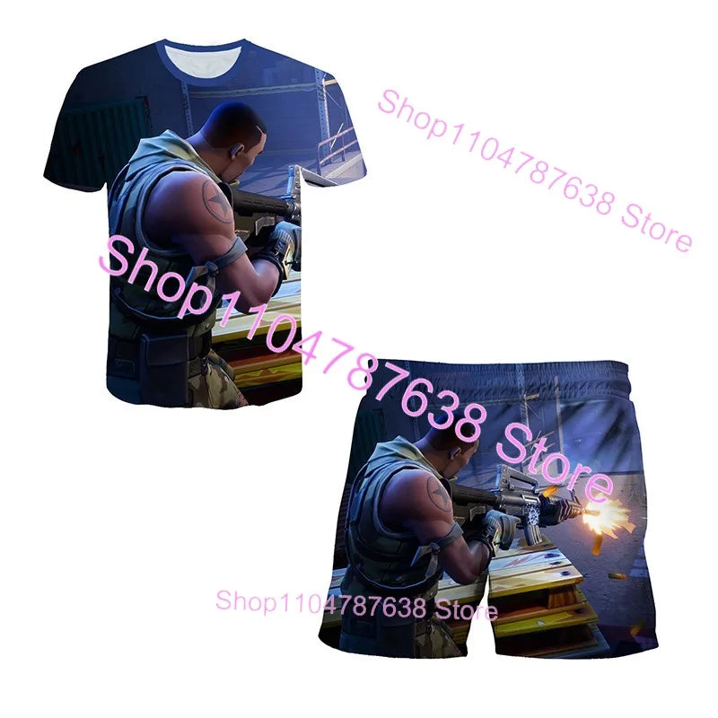 Conjunto Infantil 2 Peças F-Fortnited Victory 3D, T-shirt e Calções para Meninas e Meninos, Roupa Battle Royale, T-shirts Harajuku Hero