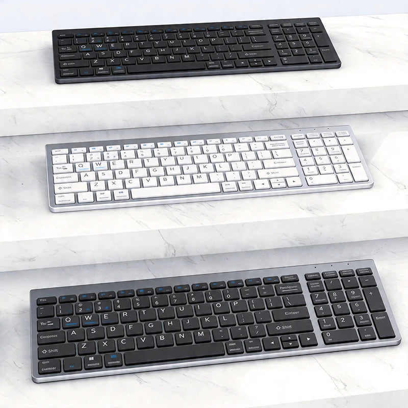 Teclado Sem Fios Bluetooth 5.0&3.0&2.4G FN+1/2/3 Dual-Mode 350mAh Ultra Fino para Portátil, PC, TV, iPad, Macbook e Android