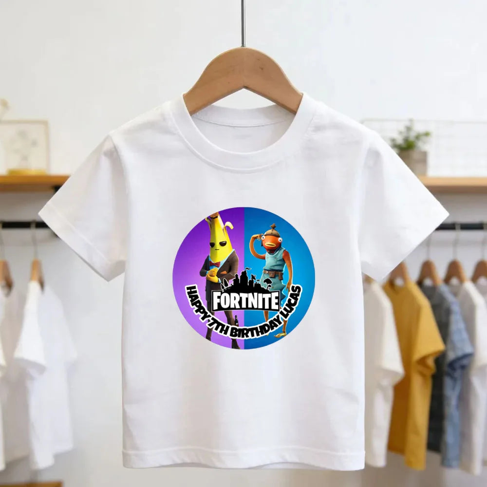 T-shirt infantil branco de algodão com estampado cartoon do tema Fortnite, manga curta, verão, jogo popular