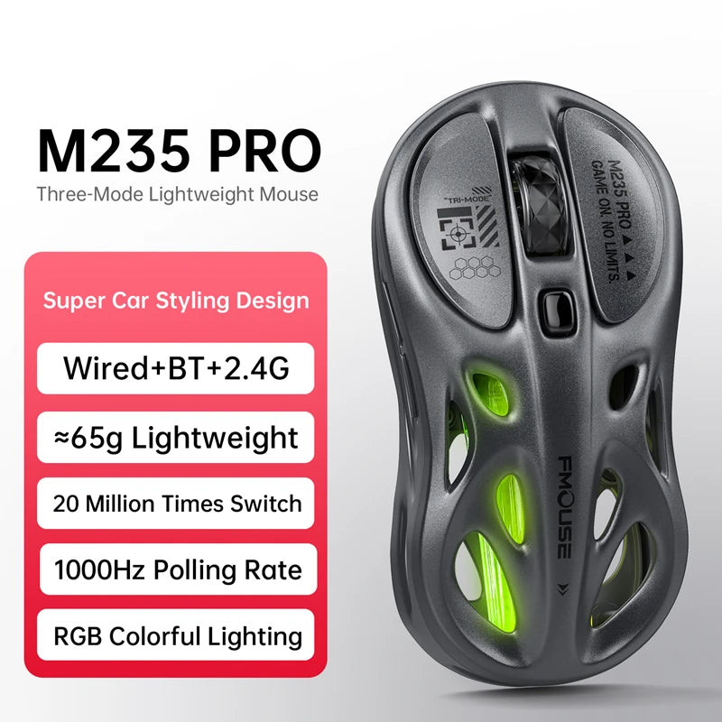 Rato Gaming Sem Fios 2.4G Trimodo RGB, Design Oco Leve com Iluminação Chroma, Com Fios/Bluetooth, Rato E-Sports Controlador