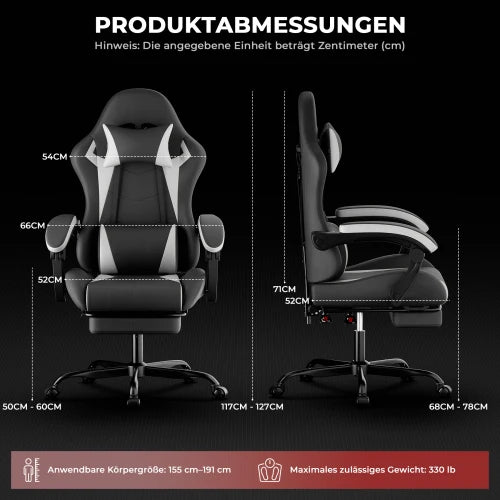 Ergonomic Gaming Chair with Lumbar Support & Head Pillow, Adjustable Reclining Computer Gaming Chair, Black Grey Office Chair
