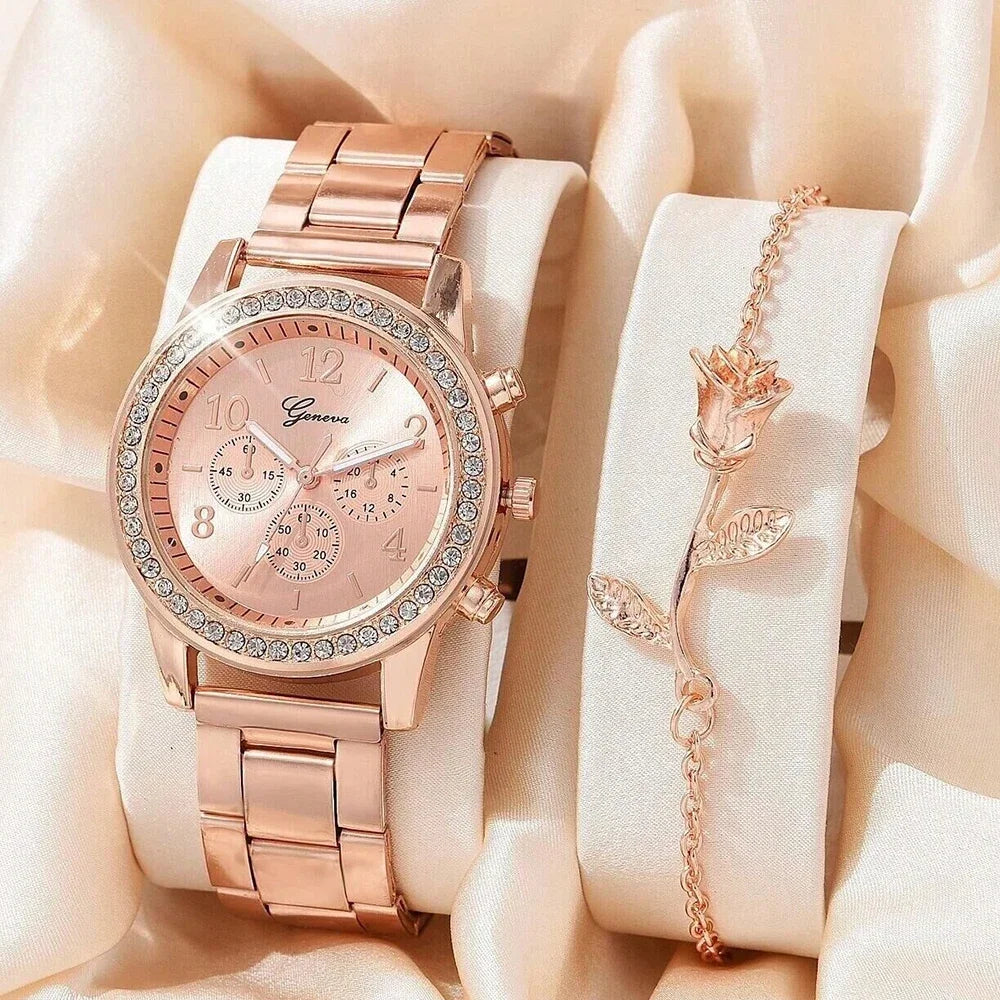 5PCS Quartz Watch Set Women Fashion Silver Round 3 Eyes Alloy Strap Wristwatch Gift Rhinestone Watch For Women Jewelry Set