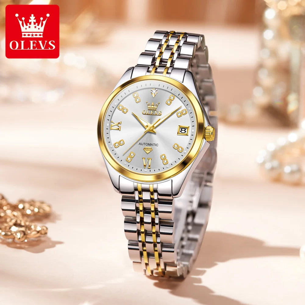 OLEVS 9801 Womens Watch Luxury Fashion Waterproof Automatic Mechanical Watch Stainless Steel Diamond Date Ladies Watch Set
