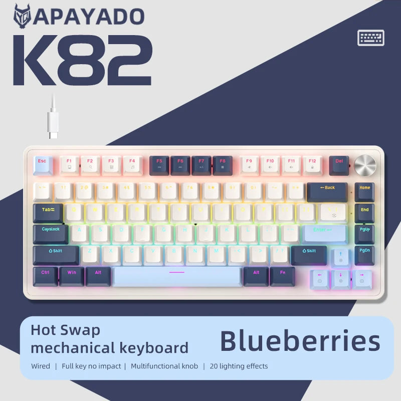 75% Mechanical Keyboard Wired with Media Knob, APAYADO Black Gaming Keyboard, Hot-Swap, ABS Cap Transparent Character Backlighting