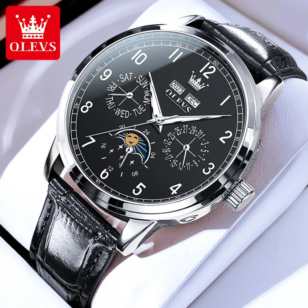 OLEVS 6698 Mens Watch Luxury Dress Brand Moon Phase Automatic Mechanical Watch For Men Leather Waterproof Dual Calendar Watch