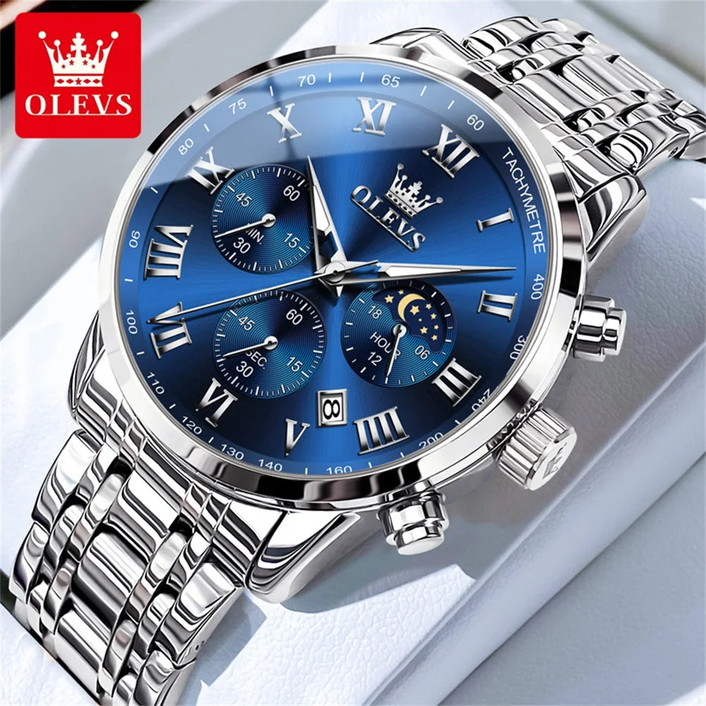 Relógio de Homem OLEVS 5529 de Marca Top Luxury, Impermeável, Luminoso, em Aço Inoxidável, com Fase Lunar e Código de Temporização, Novo Relógio de Quartzo para Homem