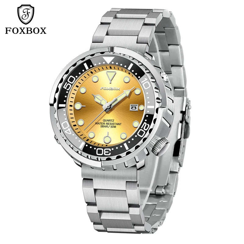 FOXBOX Top Brand Fashion Diver Watch Men 50ATM Waterproof Date Clock Sport Watches Mens Quartz Wristwatch Relogio Masculino