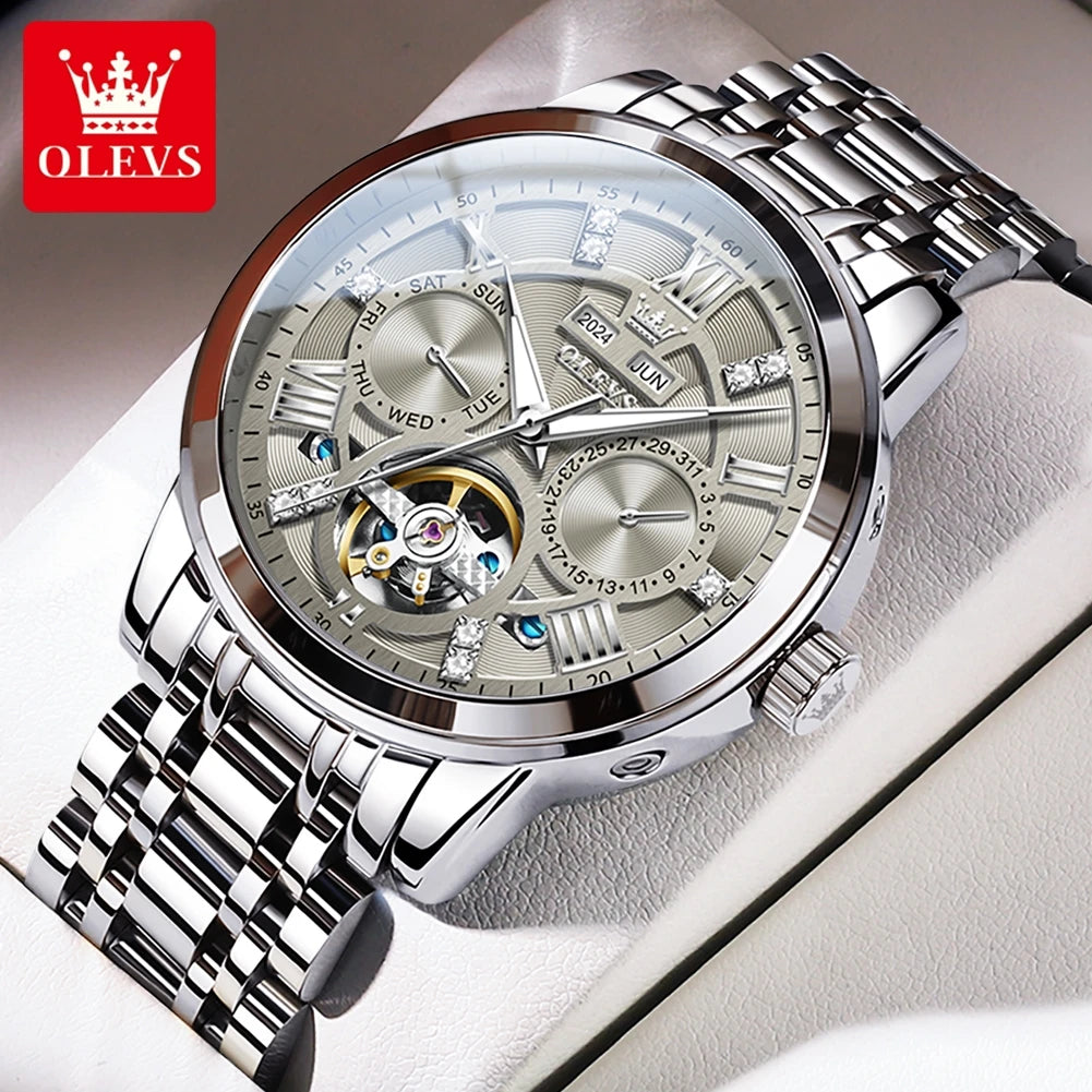 OLEVS 6701 Men's Watch Luxury Waterproof Auto Date Mechanical Watch For Men Hollow Skeleton Diamond Wristwatch Luminous Clock