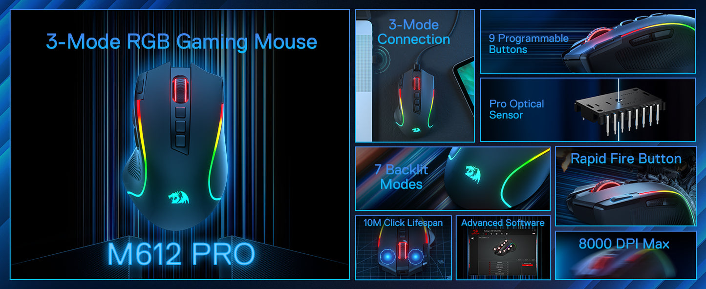 Rato Gaming Redragon M612 PRO BT & 2.4RGB, 8000 DPI, Ótico com/sem Fios, 11 Botões Programáveis e 6 Modos de Retroiluminação