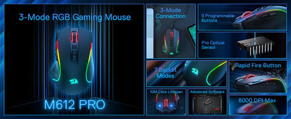 Rato Gaming Redragon M612 PRO BT & 2.4RGB, 8000 DPI, Ótico com/sem Fios, 11 Botões Programáveis e 6 Modos de Retroiluminação