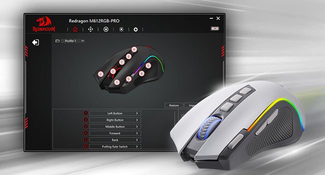 Rato Gaming Redragon M612 PRO RGB BT 2.4G, ótico sem fios 8000 DPI, 9 botões programáveis, 7 modos retroiluminados, B