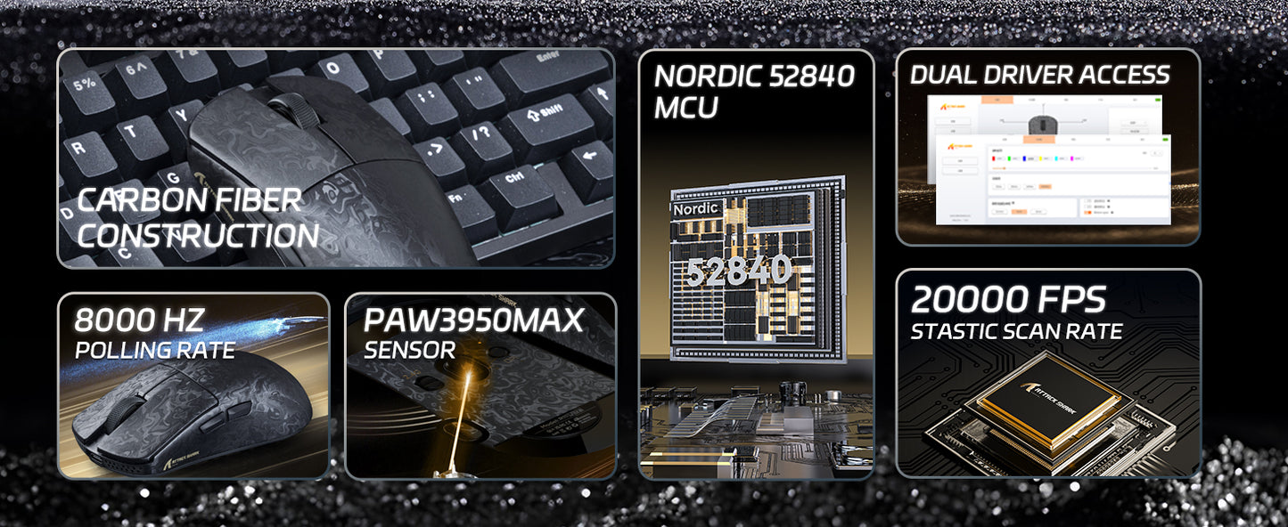 Rato Gaming Sem Fios ATTACK SHARK R11 ULTRA 49g em Fibra de Carbono 8000Hz, 42000 DPI, 20000 FPS, PAW3950MAX, Chip Nordic 52840