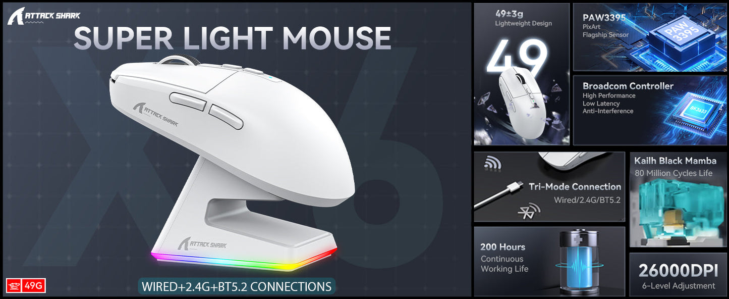 ATTACK SHARK X6 Superlight Gaming Mouse with Charging Dock, 49g Wireless Gaming Mouse, PixArt PAW3395 Sensor, Tri-Mode BT/2.4G/Wired, 26000 DPI