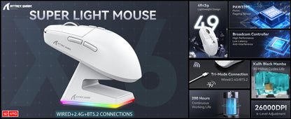 ATTACK SHARK X6 Superlight Gaming Mouse with Charging Dock, 49g Wireless Gaming Mouse, PixArt PAW3395 Sensor, Tri-Mode BT/2.4G/Wired, 26000 DPI