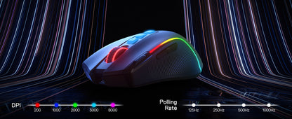 Rato Gaming Redragon M612 PRO BT & 2.4RGB, 8000 DPI, Ótico com/sem Fios, 11 Botões Programáveis e 6 Modos de Retroiluminação