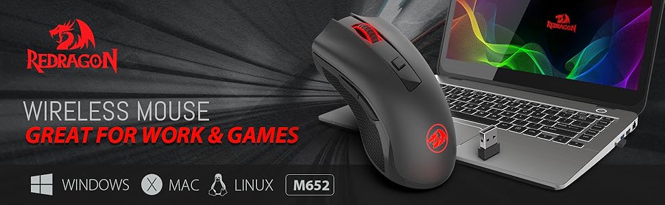 Rato sem fios Redragon M652 Optical 2.4G com recetor USB, rato portátil para gaming e escritório, 5 níveis de DPI ajustáveis