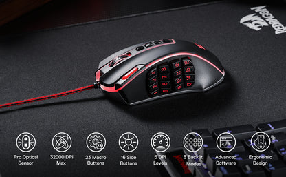 Rato Gaming MMO Redragon M990, 32000 DPI, rato gamer RGB com fios de alta precisão c/23 botões programáveis, 16 teclas macro laterais