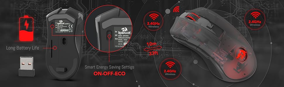 Rato sem fios Redragon M652 Optical 2.4G com recetor USB, rato portátil para gaming e escritório, 5 níveis de DPI ajustáveis