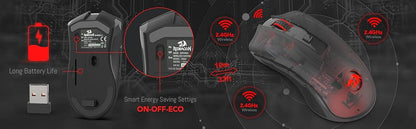 Rato sem fios Redragon M652 Optical 2.4G com recetor USB, rato portátil para gaming e escritório, 5 níveis de DPI ajustáveis