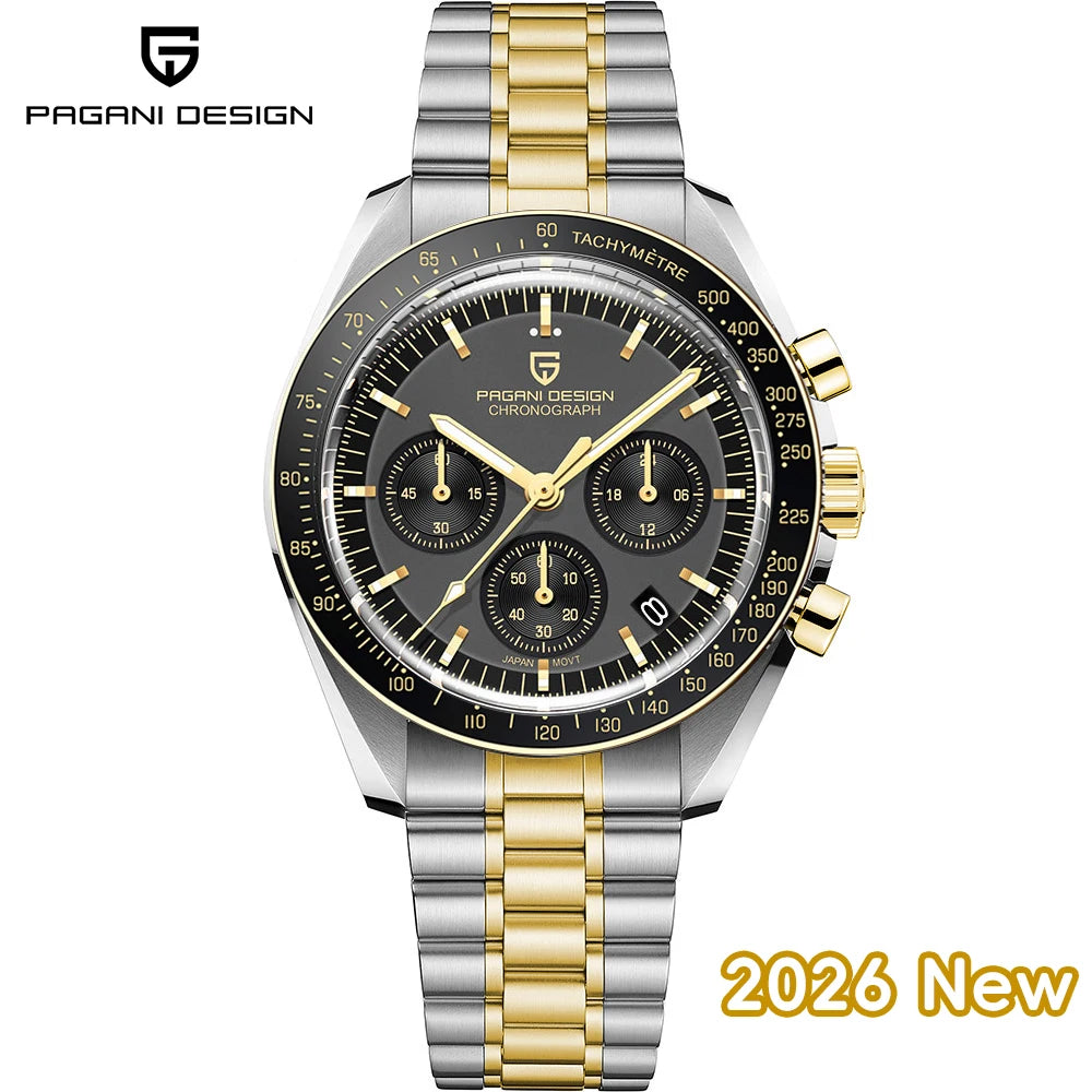 Relógio masculino PAGANI DESIGN Série Planetary Saturn Light Tan Quartz Speed Chronograph com cristal de safira AR — Novo 2026