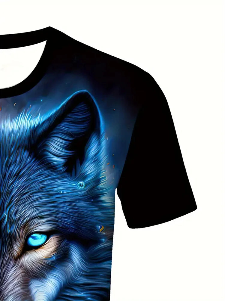 Camiseta de hombre con estampado de lobo en 3D, de cuello redondo y manga corta, de estilo informal, confeccionada en tejido transpirable y cómodo. Ropa urbana y de exterior para hombre.