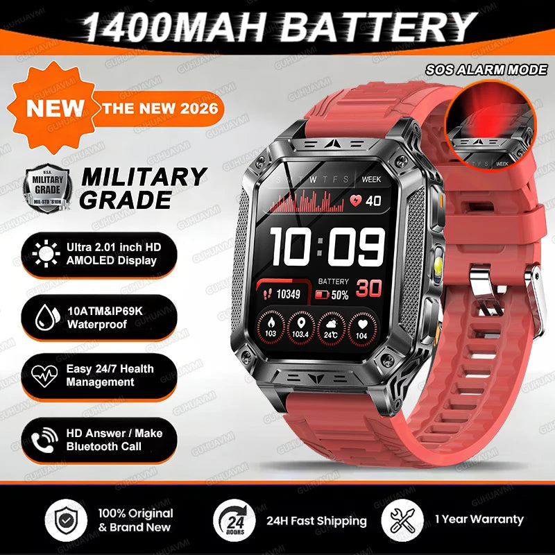 2026 TANK New 1400mAh Military GPS Smart Watch Men 2.01" AMOLED Screen 10ATM Waterproof Clock SOS Call Flashlight Smartwatch iOS