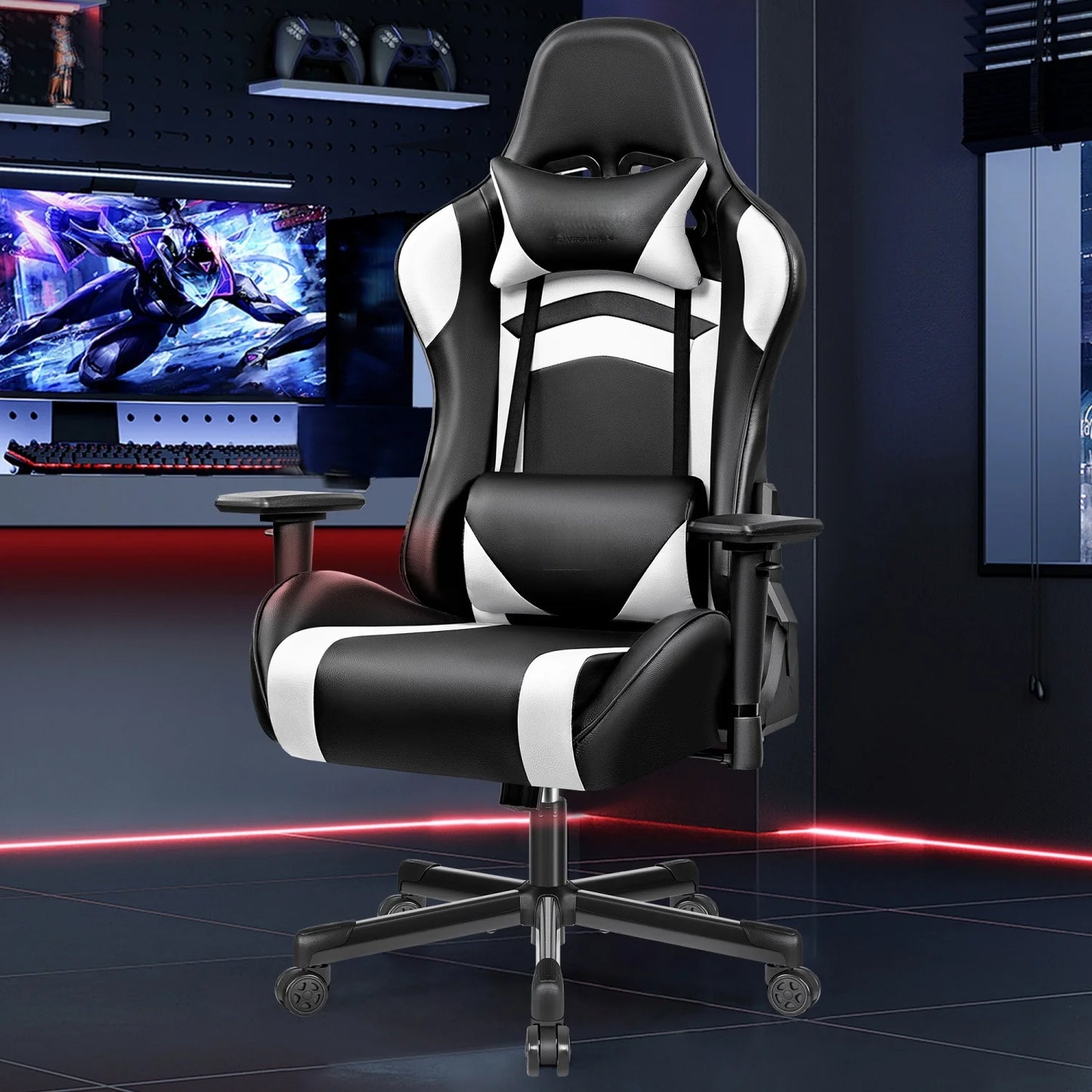 Gaming Chair, PU Leather Adjustable in Multiple Directions, with Lumbar Support and Headrest, Ergonomic, Black and White