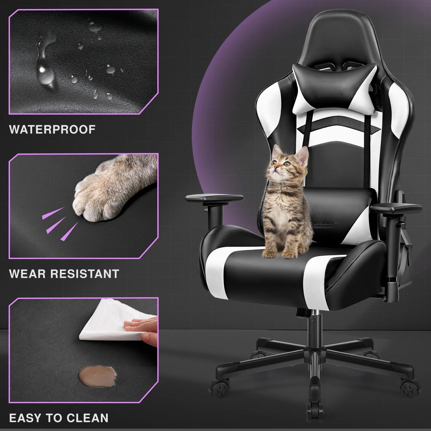 Gaming Chair, PU Leather Adjustable in Multiple Directions, with Lumbar Support and Headrest, Ergonomic, Black and White