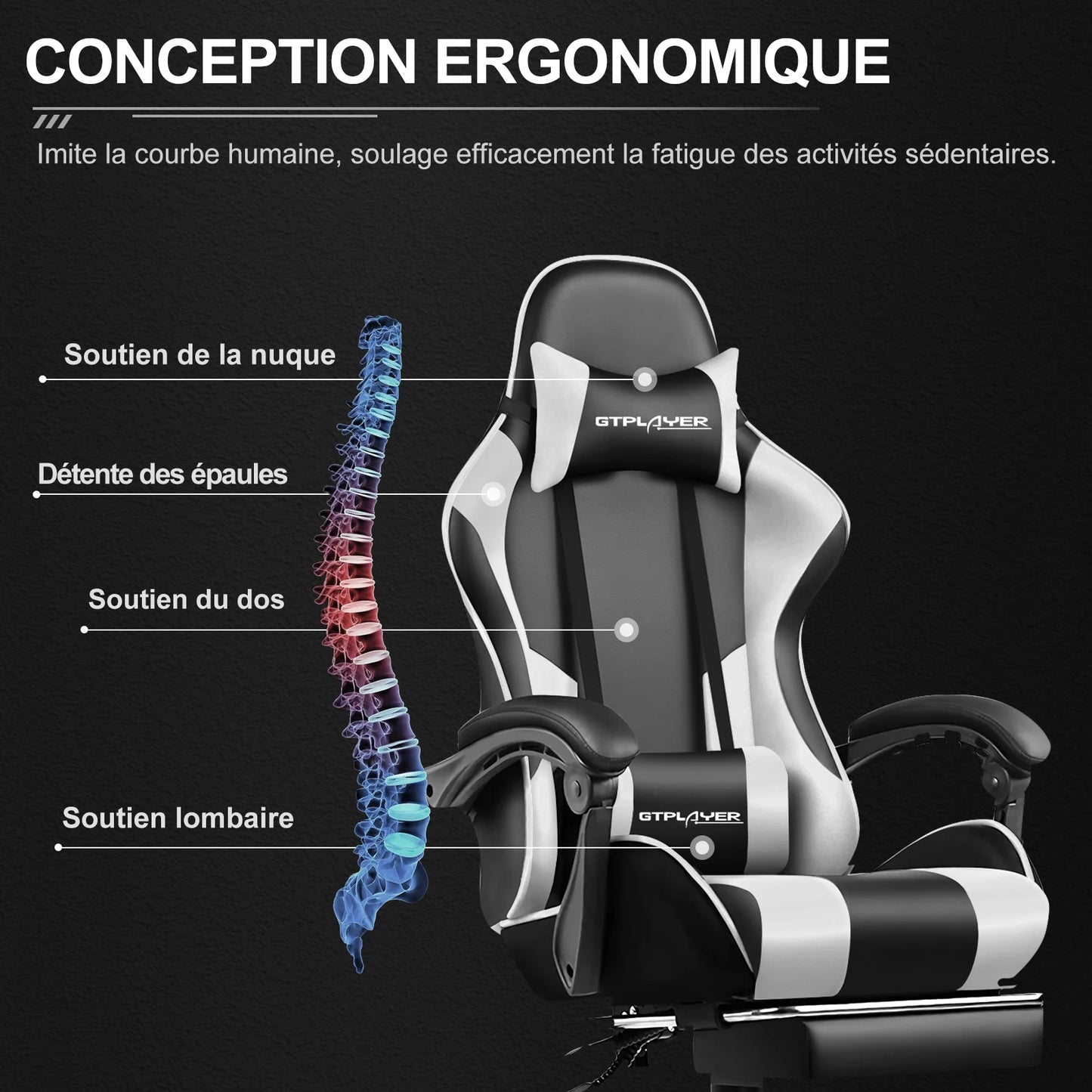 GTPLAYER Gaming Chair with Massage Ergonomic Desk Chair Footrest Headrest Rotary Chair for Office and Gamers
