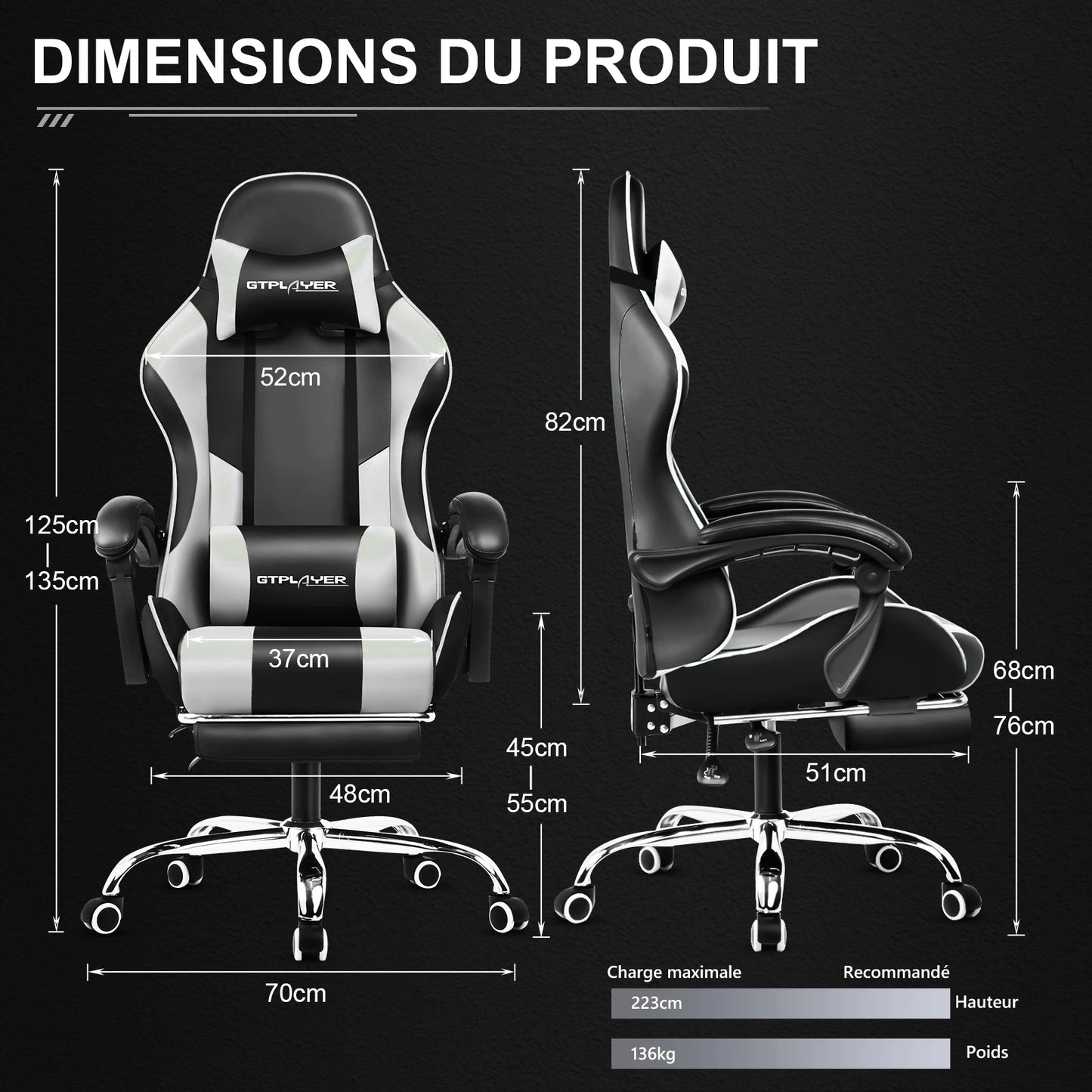 GTPLAYER Gaming Chair with Massage Ergonomic Desk Chair Footrest Headrest Rotary Chair for Office and Gamers