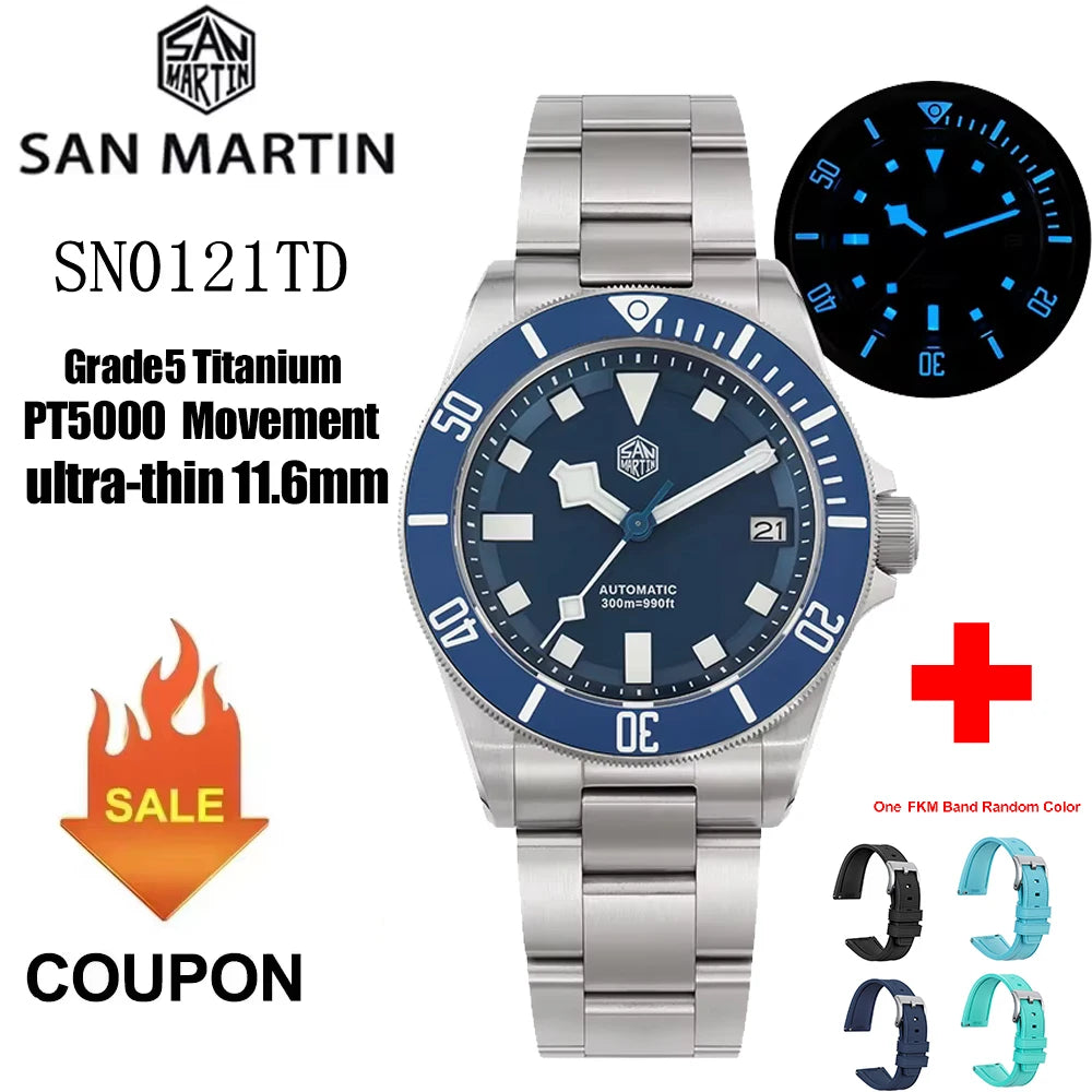 San Martin Grade 5 Titanium Watch SN0121TD PT5000/ST2130 Automatic Movement Watch 300M Waterproof Adjustable Clasp Wristwatch