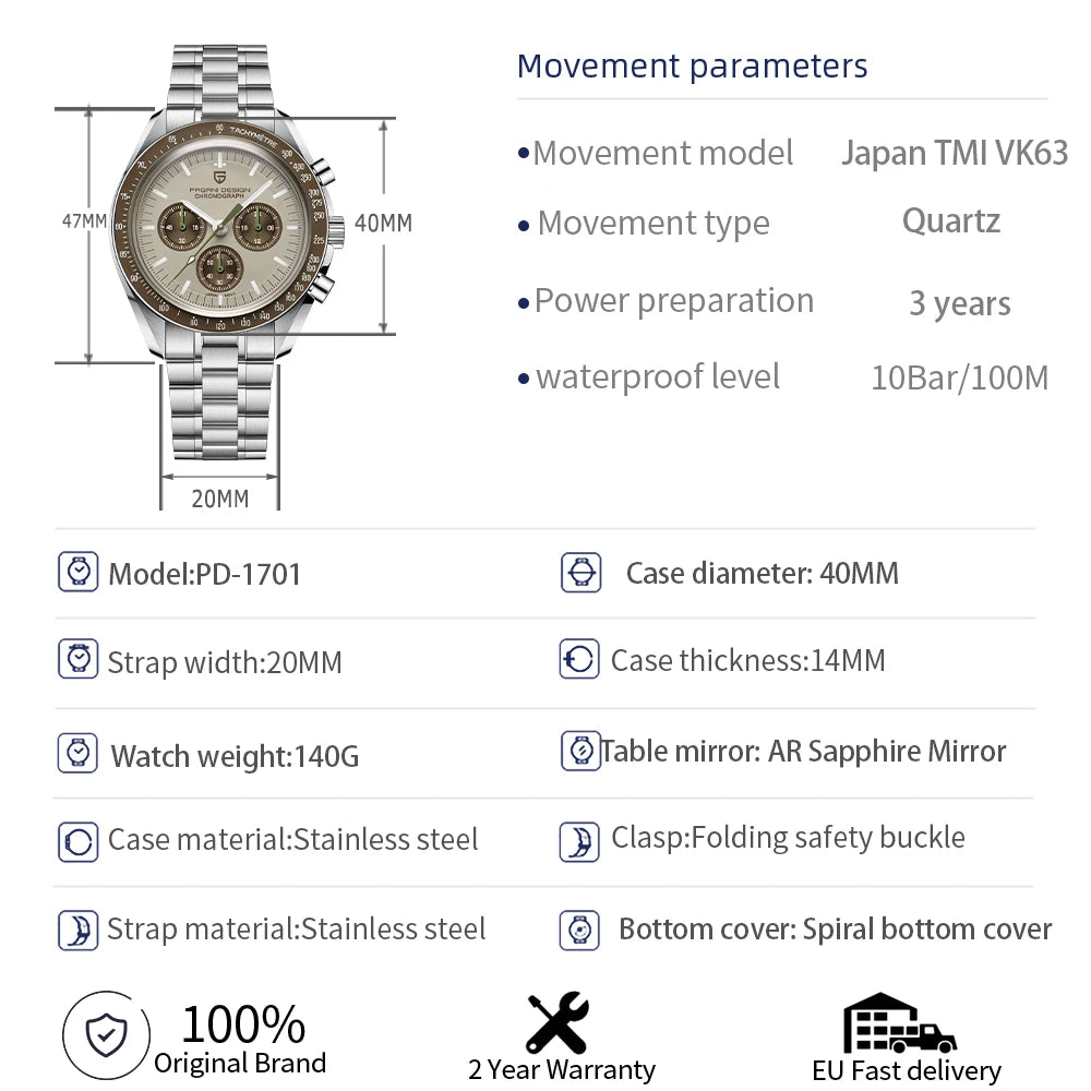 Relógio masculino PAGANI DESIGN Série Planetary Saturn Light Tan Quartz Speed Chronograph com cristal de safira AR — Novo 2026