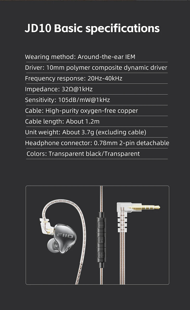 FiiO JD10 Wired In-Ear Earphones HiFi Bass Stereo Earbuds with 3.5mm Type-C Connector, High Resolution Audio Music Earphones for Gaming, Sports & Daily Use